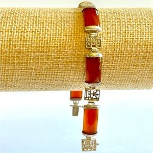 Vintage Sterling Silver 925 Curved Red Jade Panel Bracelet Good Fortune Art Deco